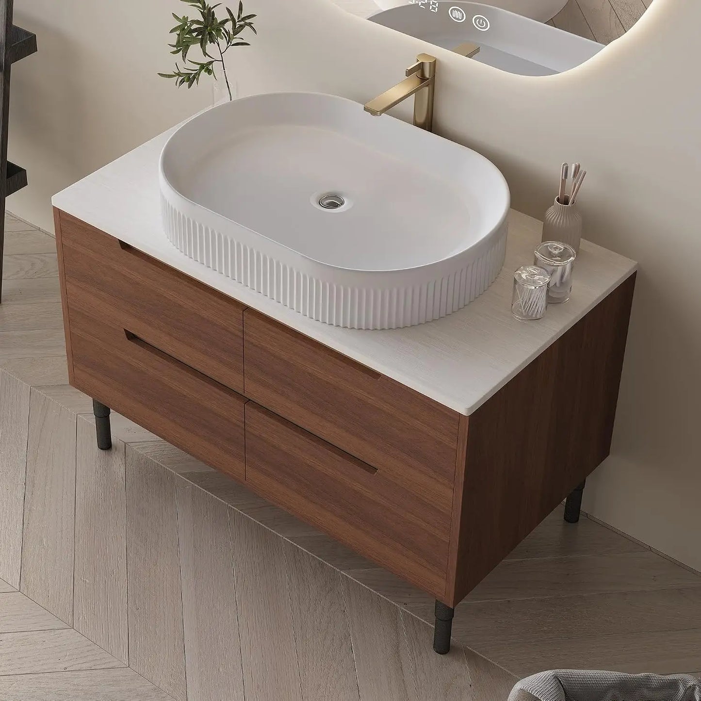 Custom Modern Freestanding Bathroom Vanity With Sink And Oval Vessel