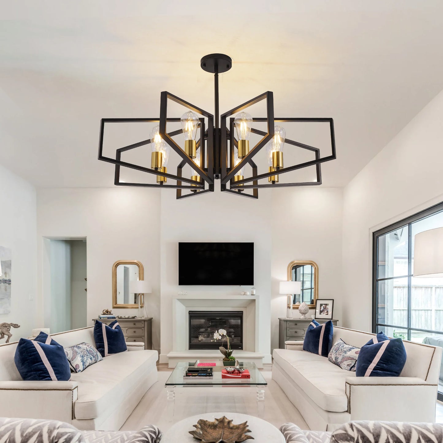 Modern 8-Light Geometric Chandelier Adjustable Height Metal Pendant Light