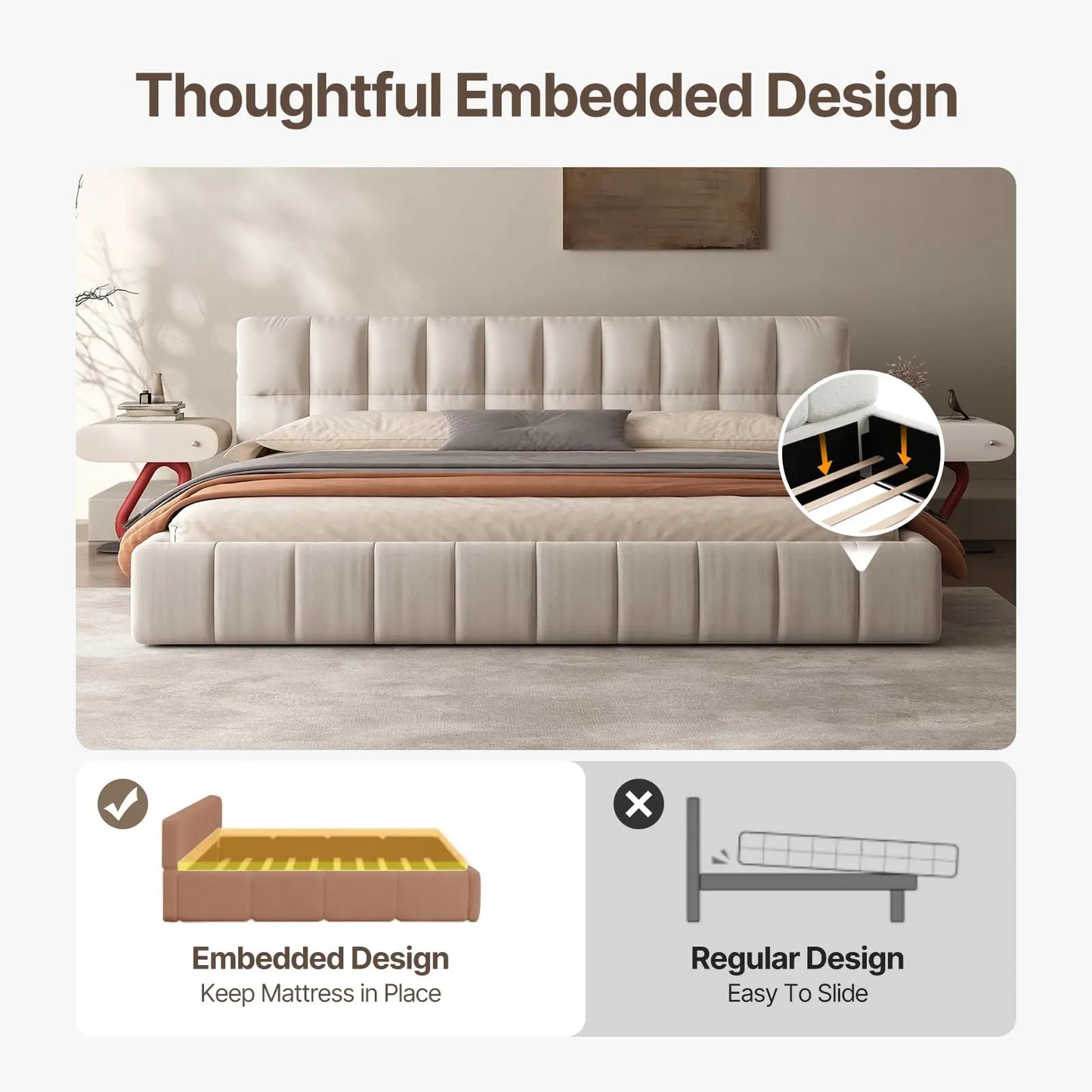QWC Modern Cloud Platform Bed With Soft Headboard Fabric