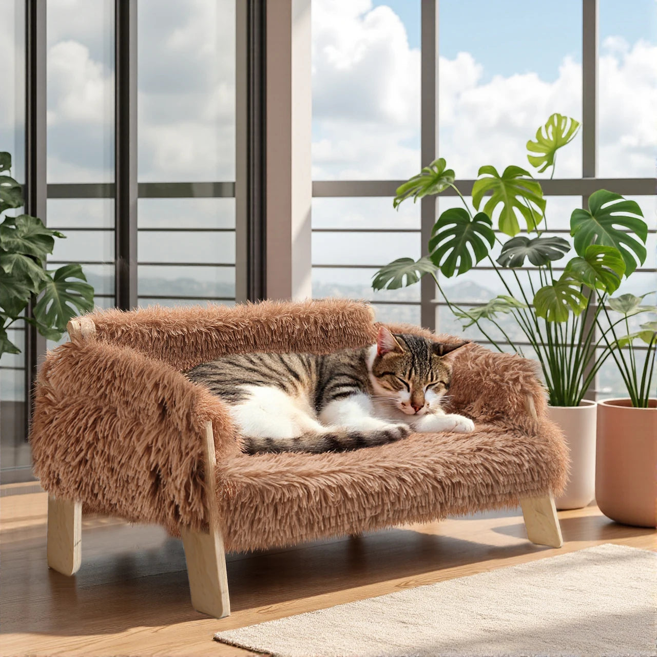 Raised Plush Cat Sofa Bed With Sturdy Wooden Legs For Indoor Cats