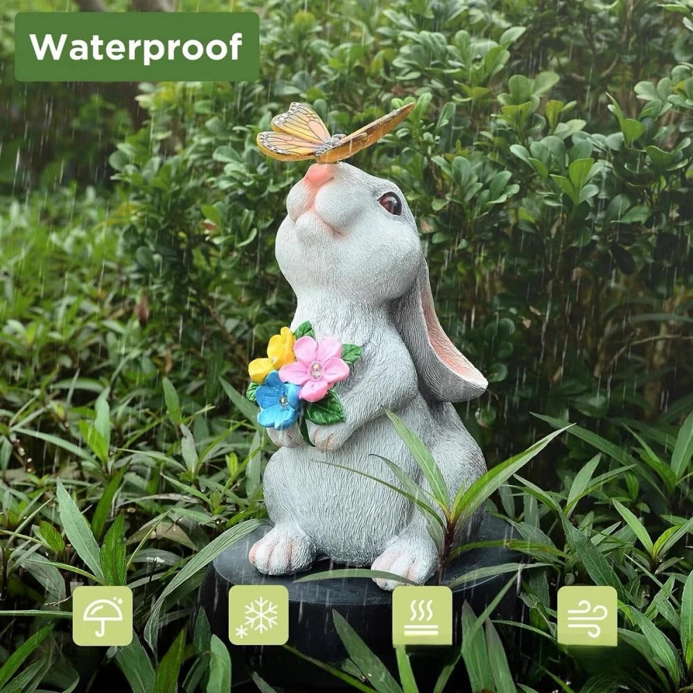 Solar Bunny Statue Garden Decor With Butterfly LED Light