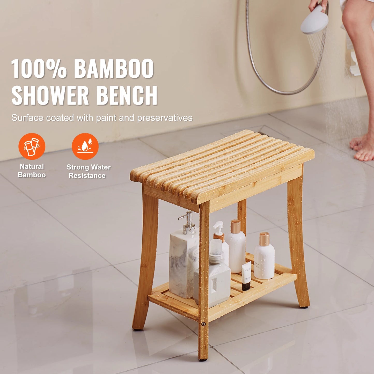 SucceBuy Bamboo Shower Bench With Storage Shelf 330lbs Capacity