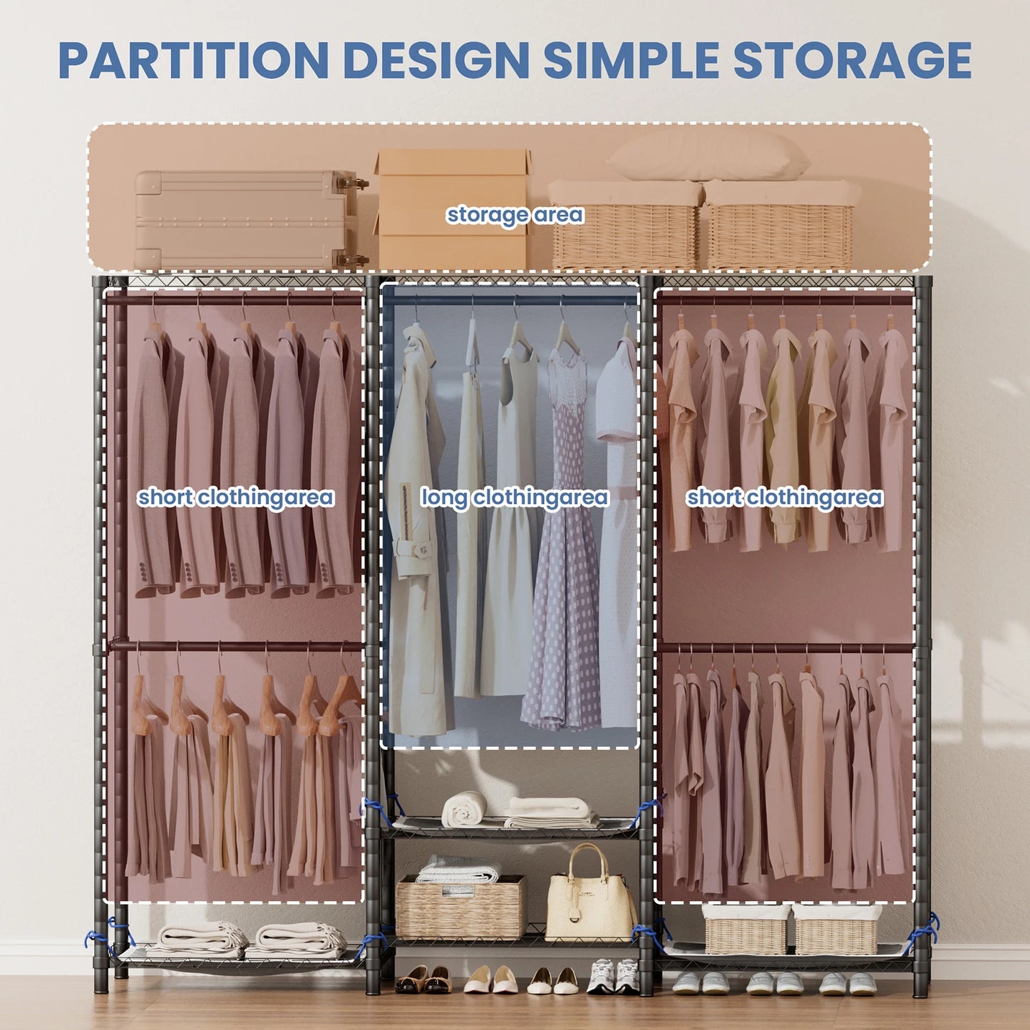 Portable DIY Closet Storage Wardrobe With Adjustable Bottom