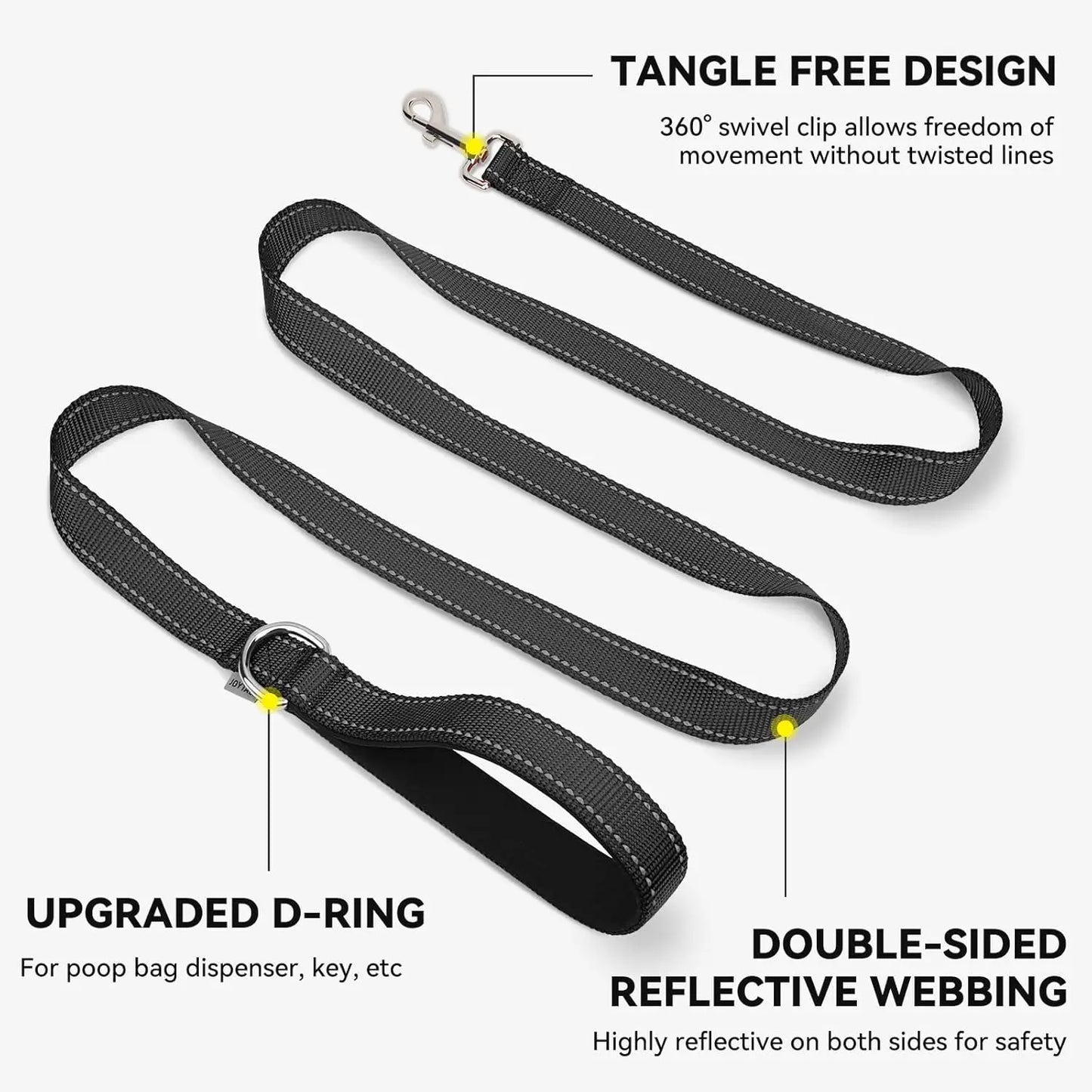 6 FT Double-Sided Reflective Dog Leash with Padded Handle, Heavy Duty Nylon for Medium & Large Dogs, Black