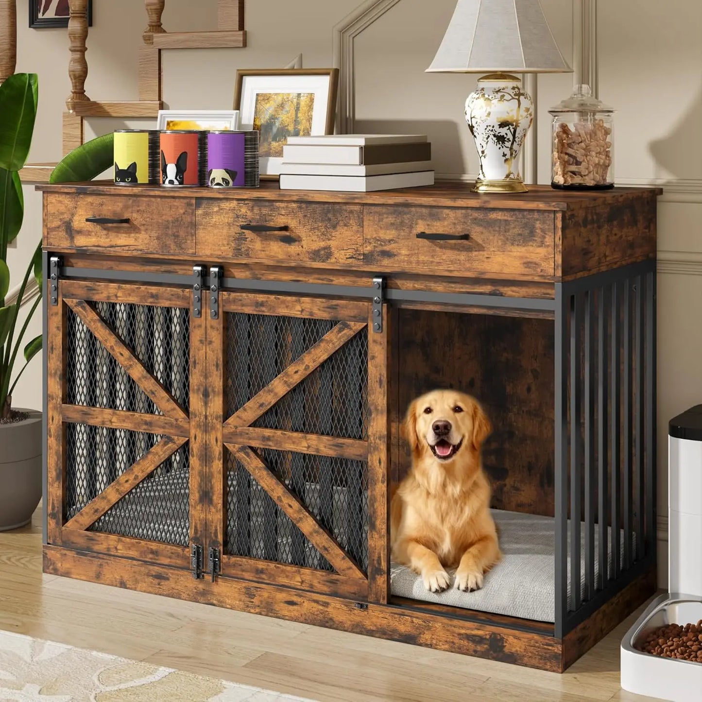 Kepptory 2-In-1 Convertible Wooden Dog Crate With Divider And 3-Drawer