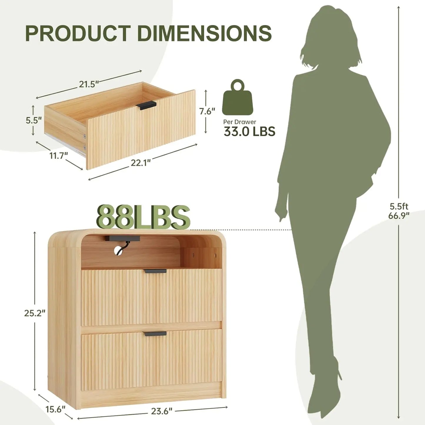 MOYU Fluted Nightstand With Charging Station And Two Drawers