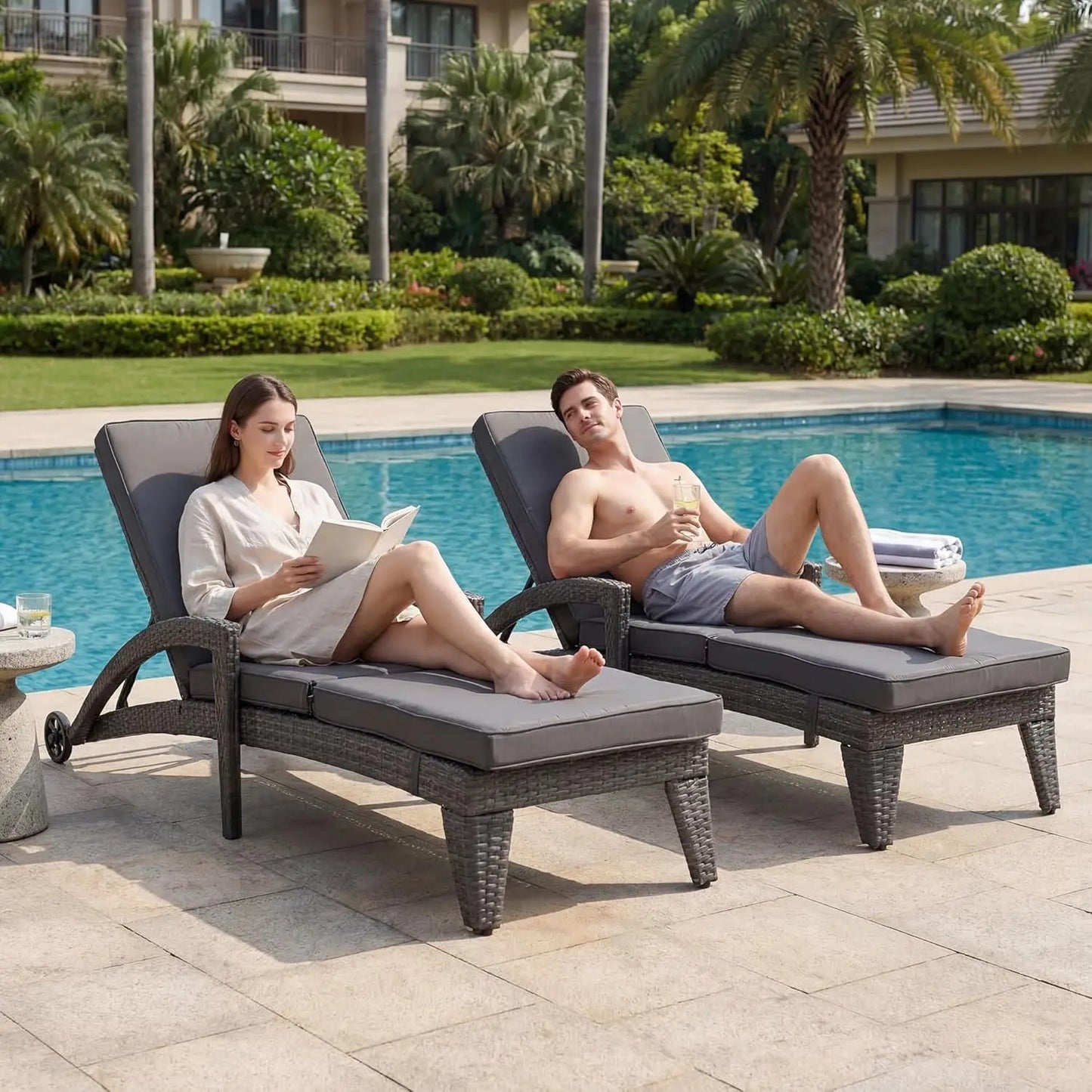 Four Position Adjustable Chaise Lounge Set With Wicker Chairs