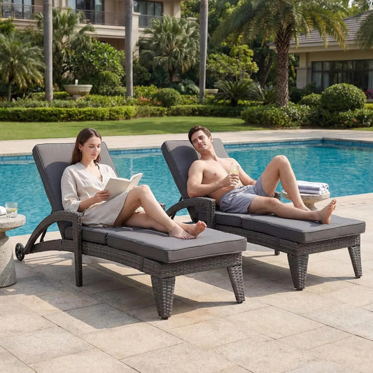 Four Position Adjustable Chaise Lounge Set With Wicker Chairs