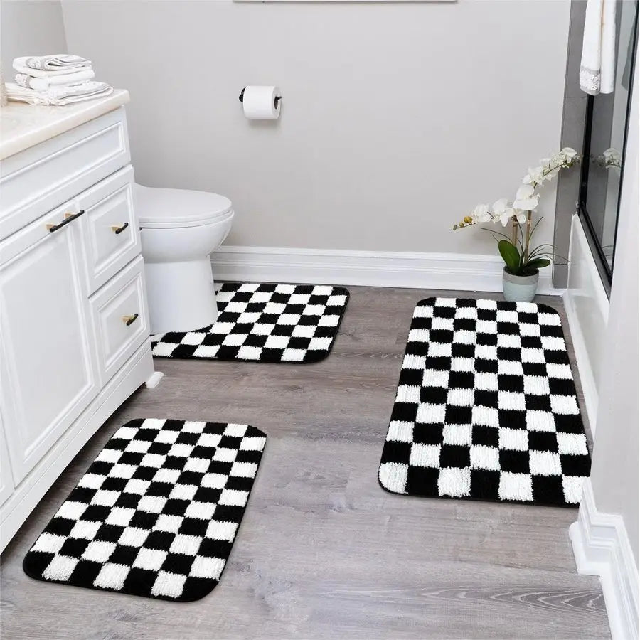 Bathroom Rugs Set 3 Piece Checkered Non Slip Plush Microfiber