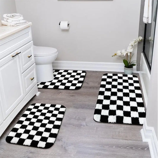 Bathroom Rugs Set 3 Piece Checkered Non Slip Plush Microfiber