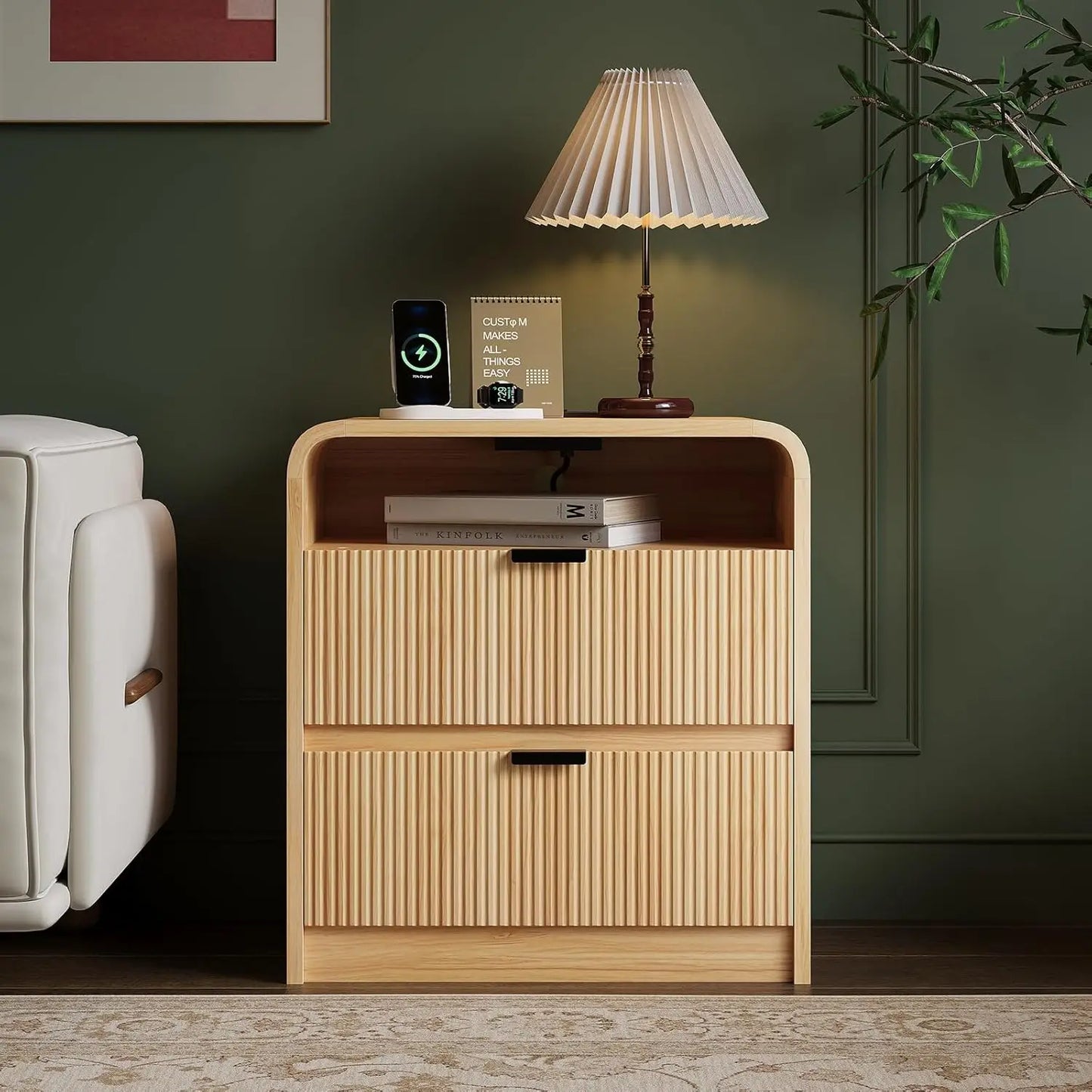 MOYU Fluted Nightstand With Charging Station And Two Drawers