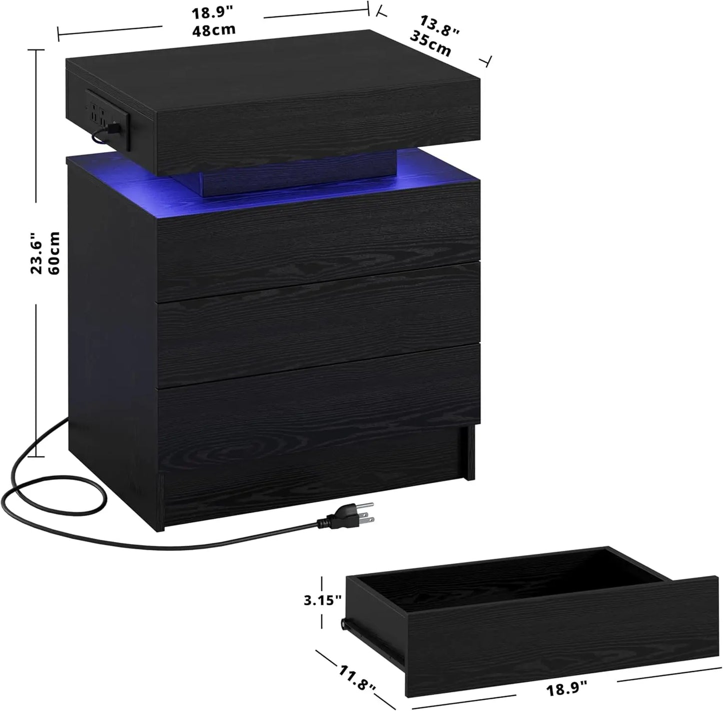 Nightstand With Charging Station And LED Light Three Drawers