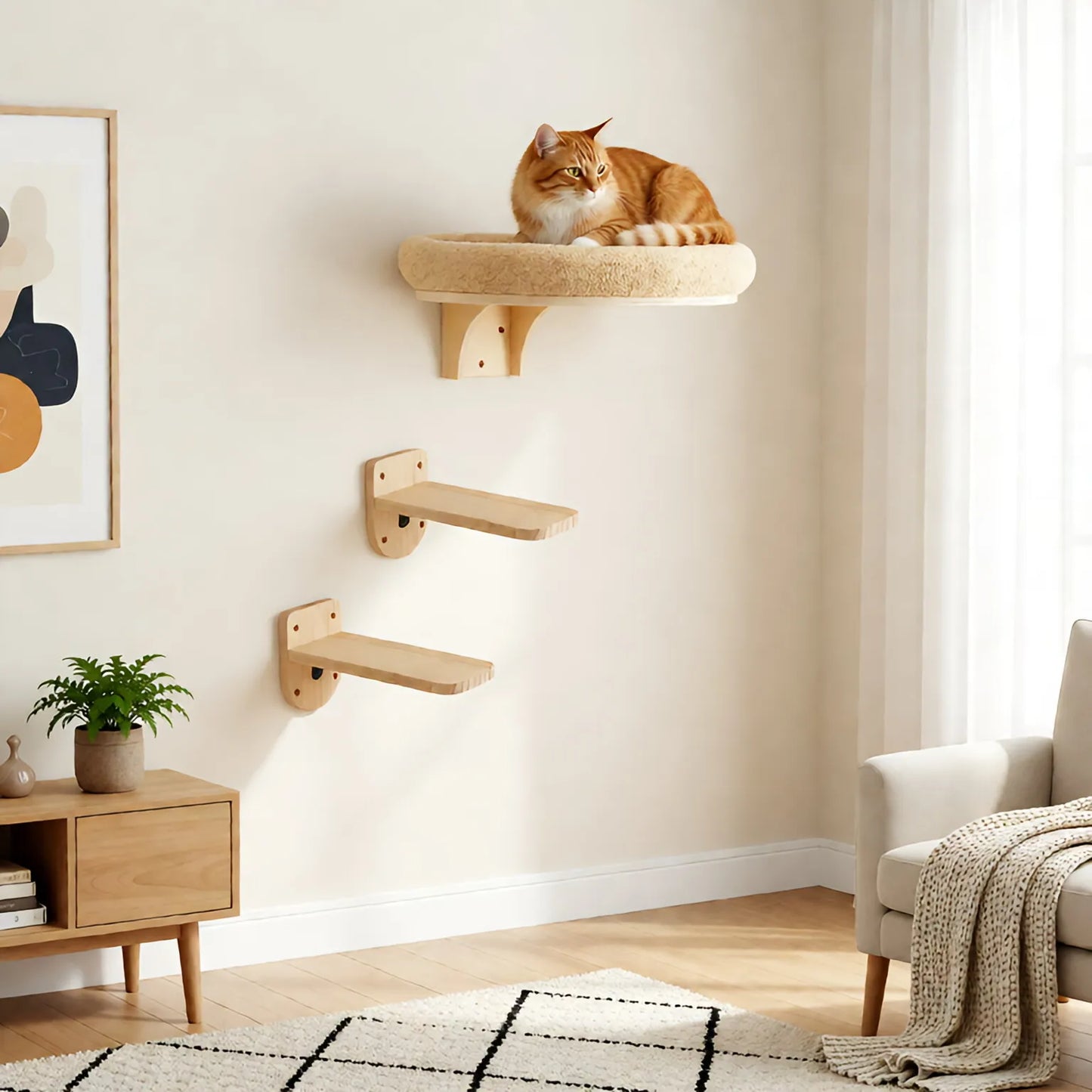 Cat Wall Mounted Solid Wooden Climbing Ladder Hammock Scratching Post