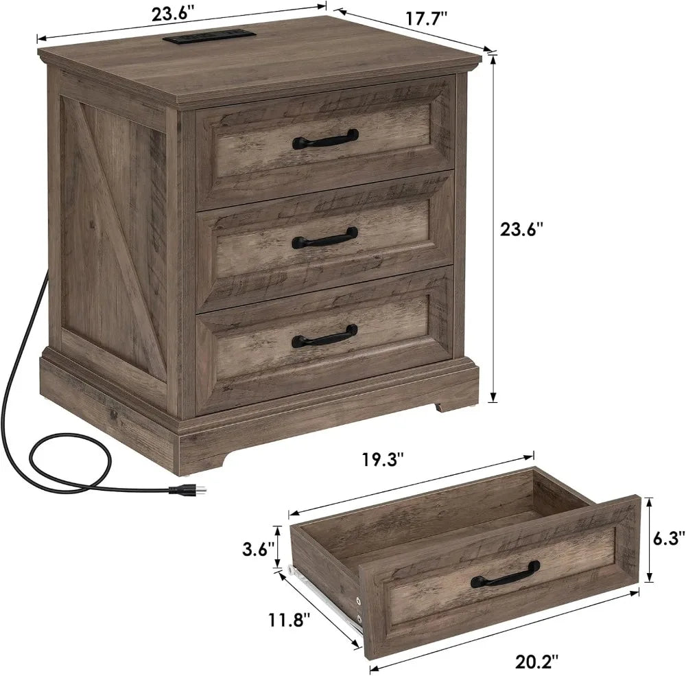 Farmhouse Nightstand With 3-Drawer Charging Station USB AC Ports