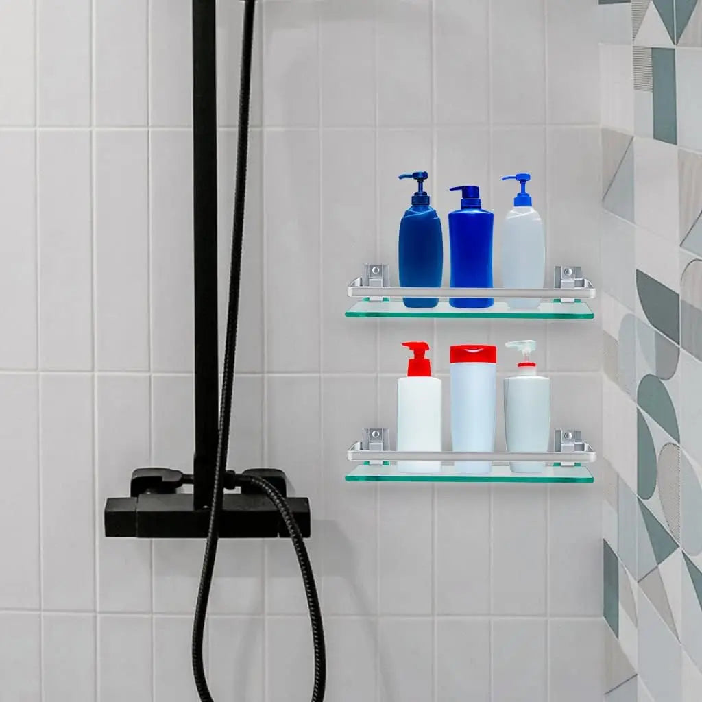 2-Pack Tempered Glass Bathroom Shelf With Rail Wall Mounted Shower Caddy