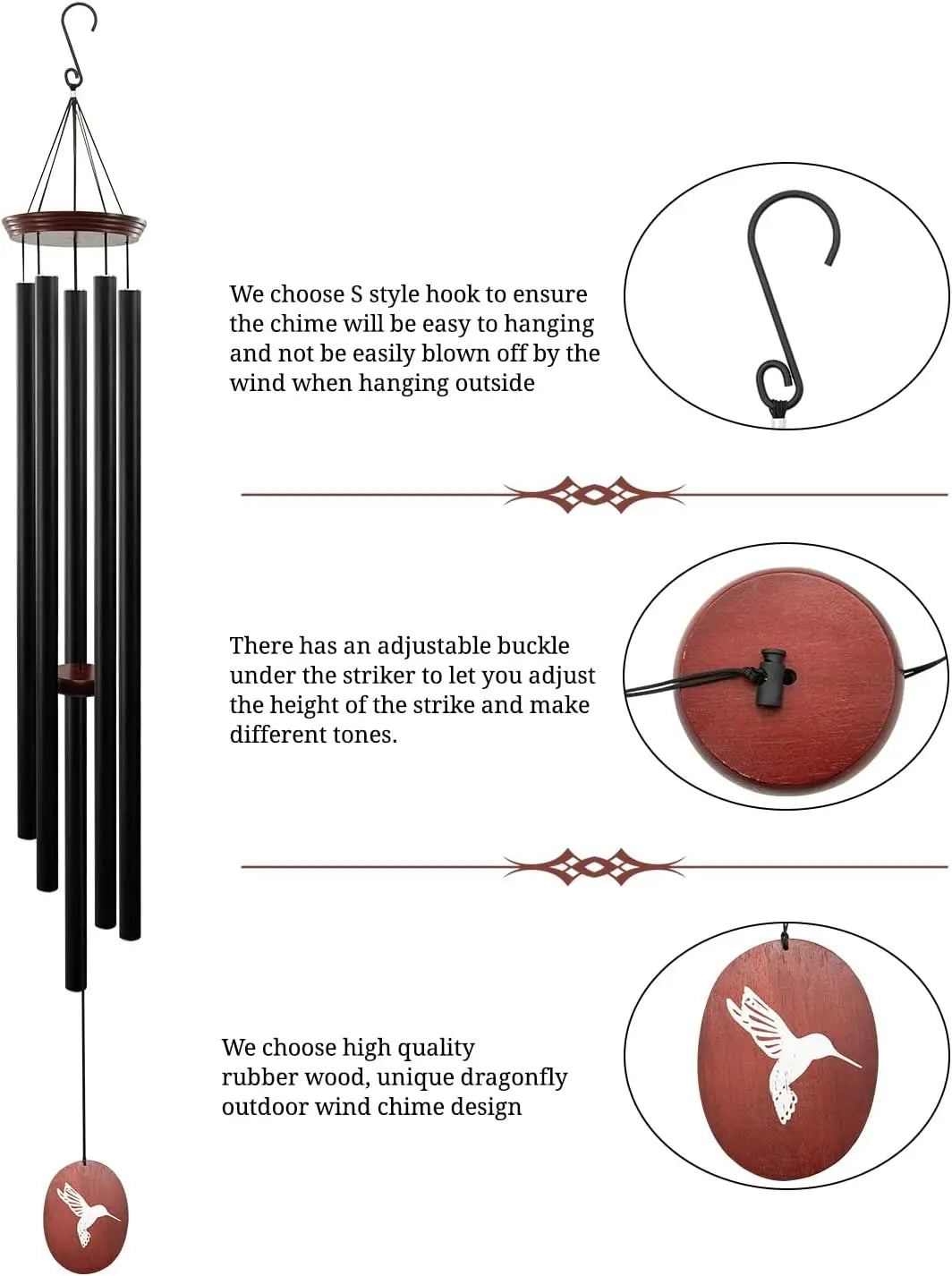 Outdoor Wind Chimes Deep Tones With Five Tuned Aluminum Tubes