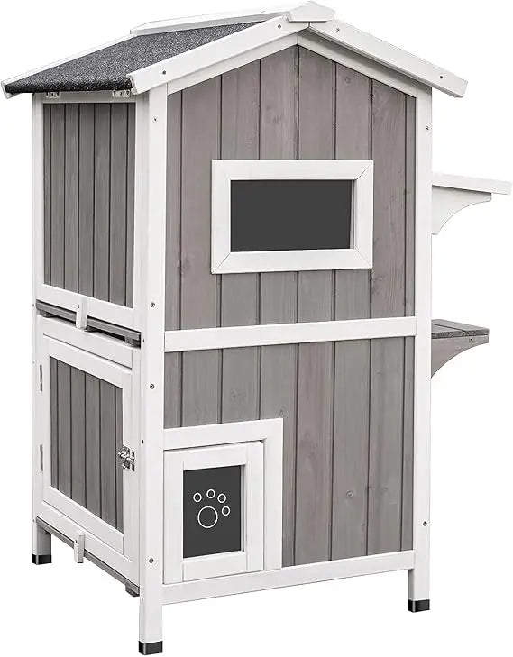 Outdoor Cat Shelter Two-Story Wooden Feral Cat House Openable Roof
