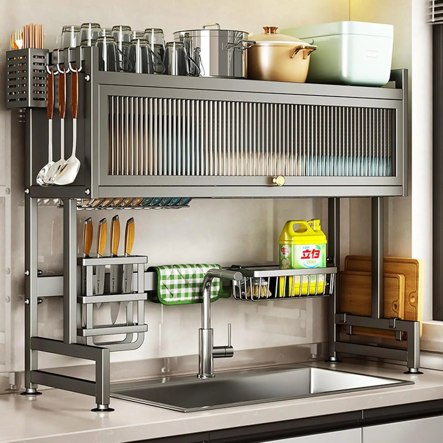 Over The Sink 3-Tier Dish Drying Rack With Cover Durable