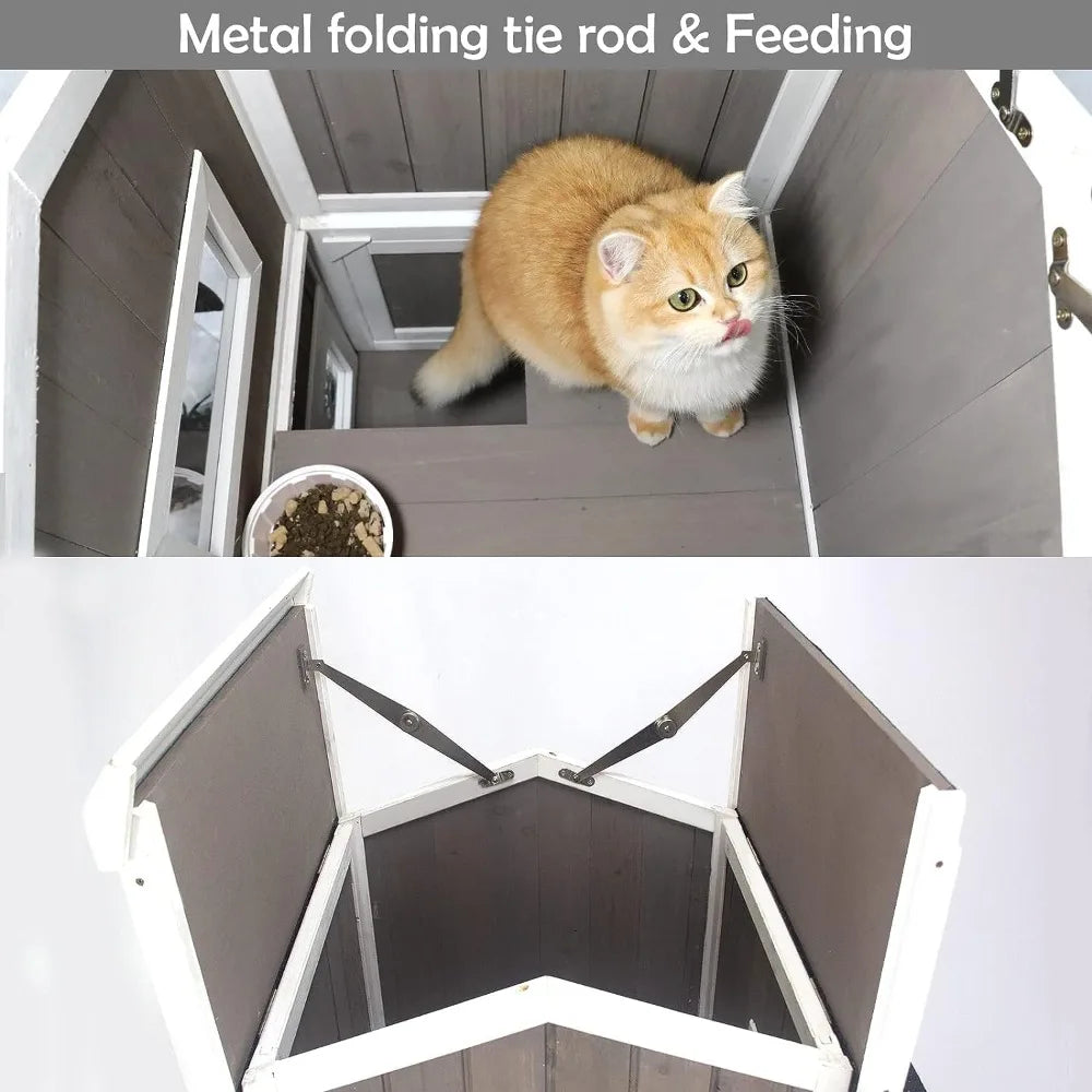 Outdoor Cat Shelter Two-Story Wooden Feral Cat House Openable Roof