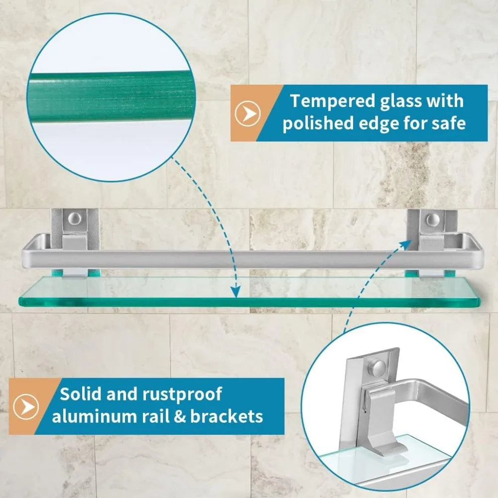 2-Pack Tempered Glass Bathroom Shelf With Rail Wall Mounted Shower Caddy