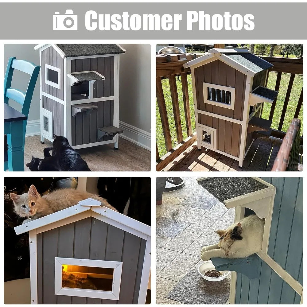 Outdoor Cat Shelter Two-Story Wooden Feral Cat House Openable Roof