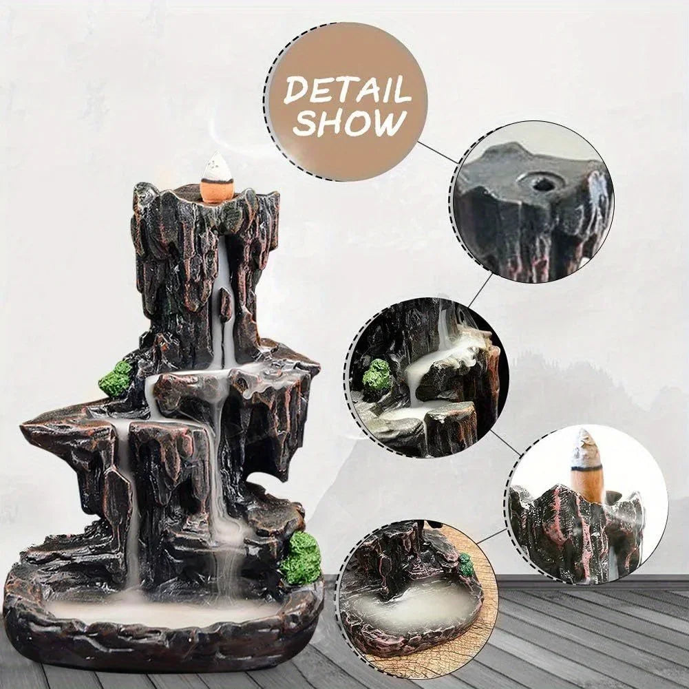 Waterfall Monk Incense Burner Mountain Tower for Home Office Yoga Aromatherapy