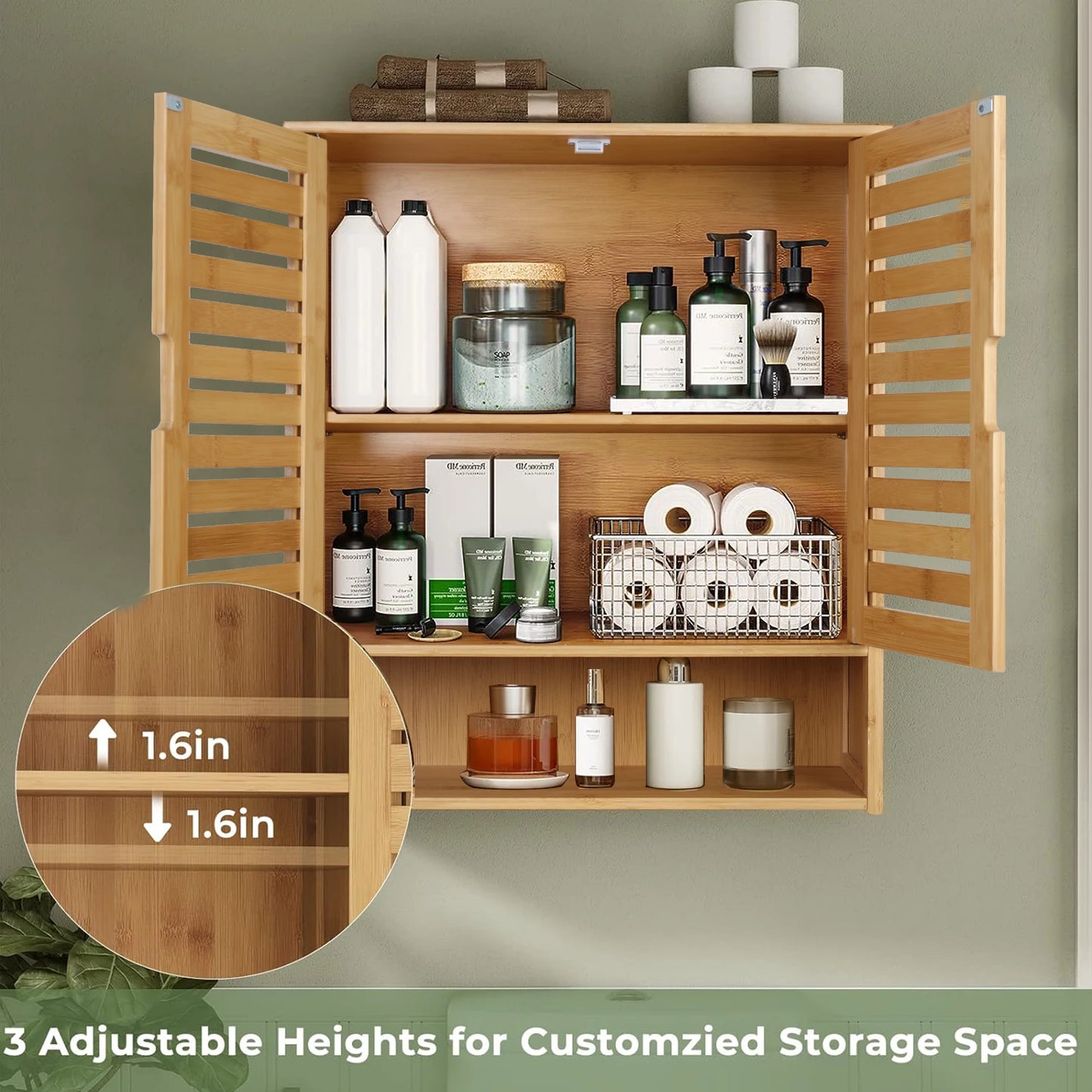 Wisfor Wall Mounted Bamboo Bathroom Cabinet Storage Shelf Medicine Cupboard