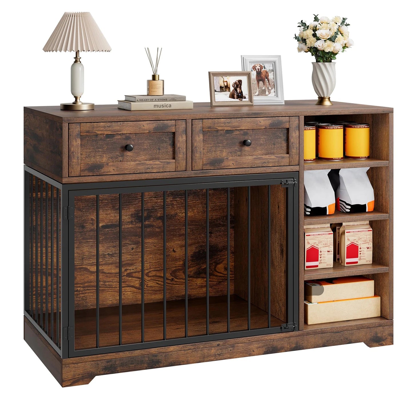 HiMISS Dog Crate Furniture TV Stand With Drawers And Shelves