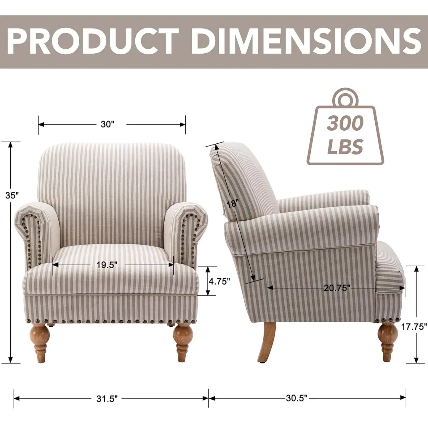 Striped Linen Accent Chairs Set of 2 Modern Farmhouse Upholstered Armchairs