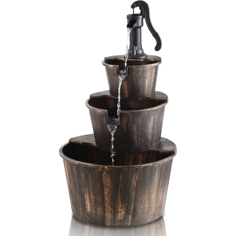 40-Inch 3 Tier Barrel Waterall ountain Outdoor Water ountains Barrel Wood 3-Tier reestanding Rustic Pump or Garden Patio Backyar