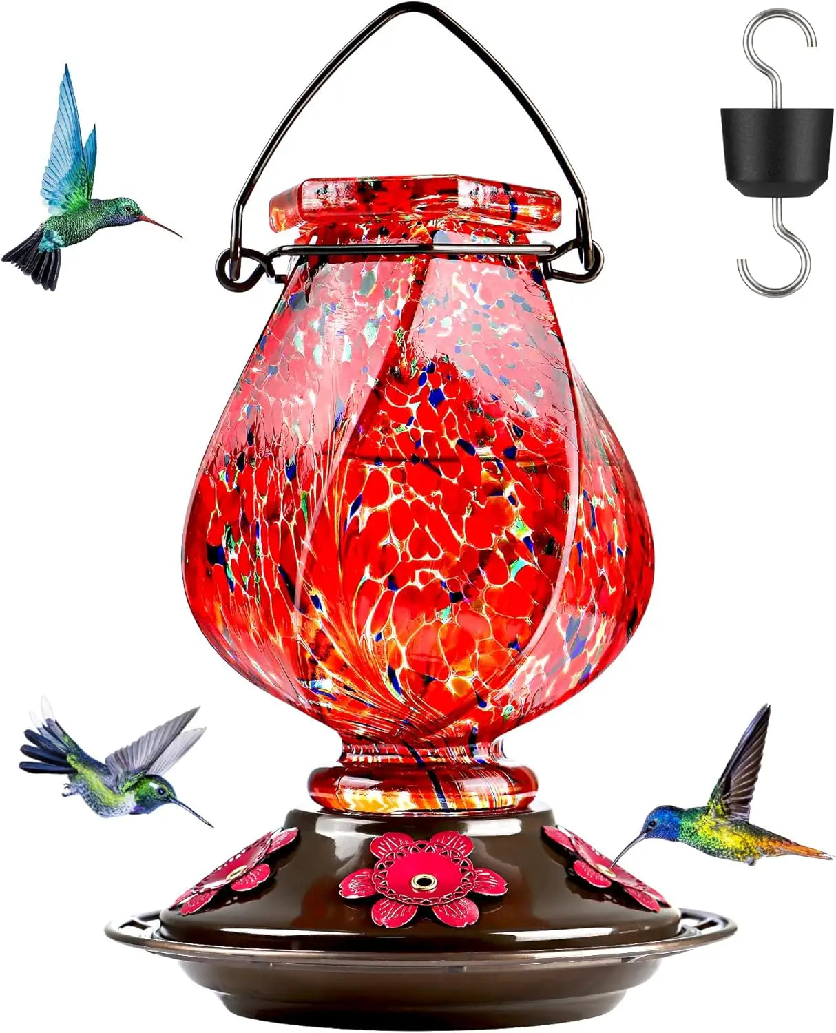 Hummingbird Feeder Hand Blown Glass Outdoor With Ant Moat