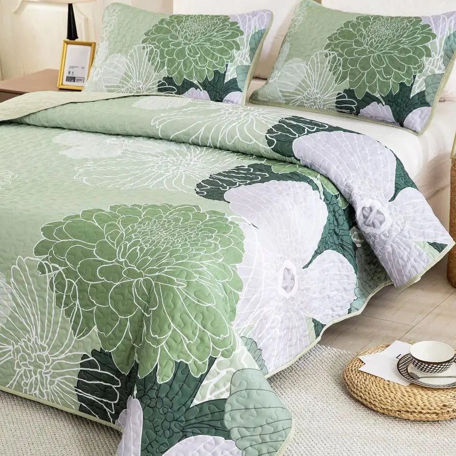 Floral Quilt Set Cotton Bedding Three Piece Two Shams
