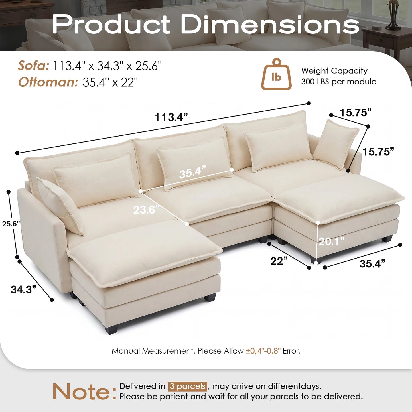 Redlife Modular Sectional Sofa With Ottoman And Wood Frame