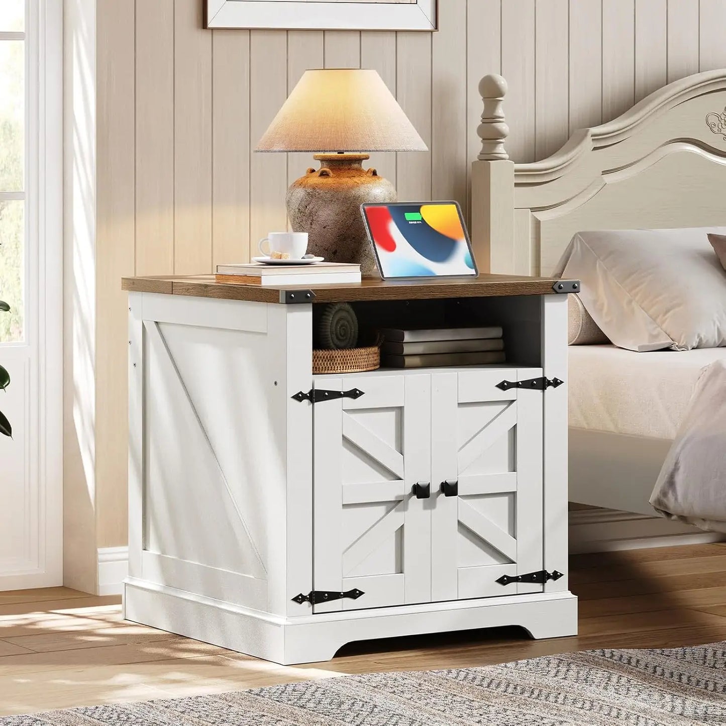 Farmhouse End Table With Charging Station For Living Room