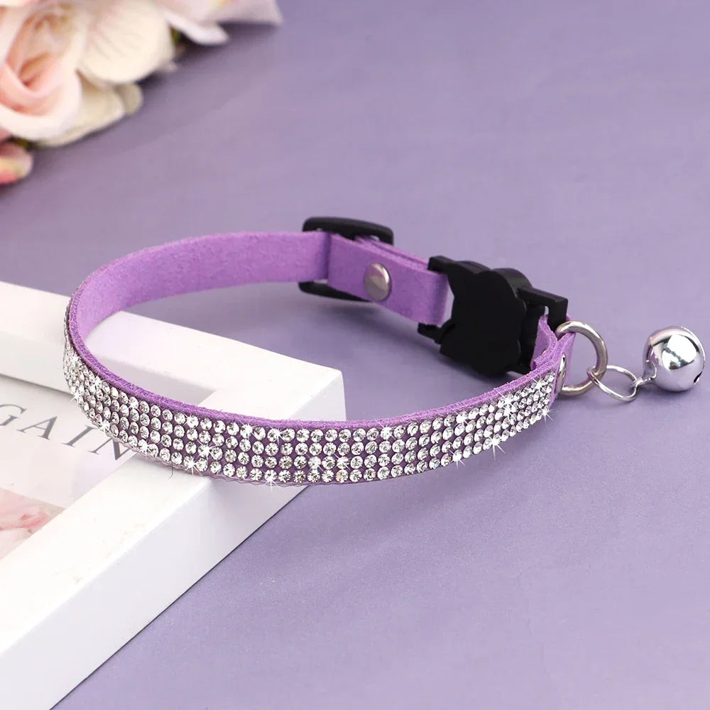 Soft Suede Cat Collar With Rhinestones And Bell Breakaway Adjustable