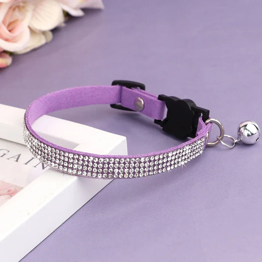 Soft Suede Cat Collar With Rhinestones And Bell Breakaway Adjustable