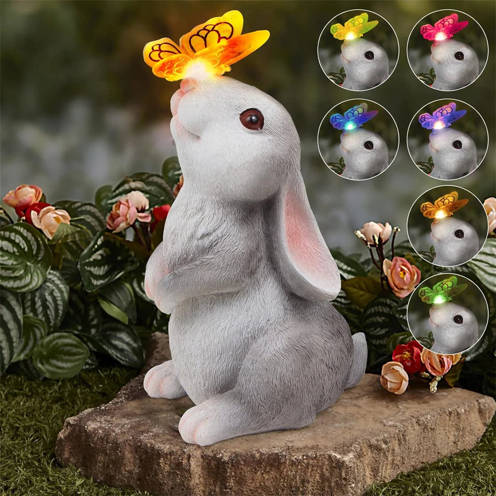 Solar Bunny Statue Garden Decor With Butterfly LED Light