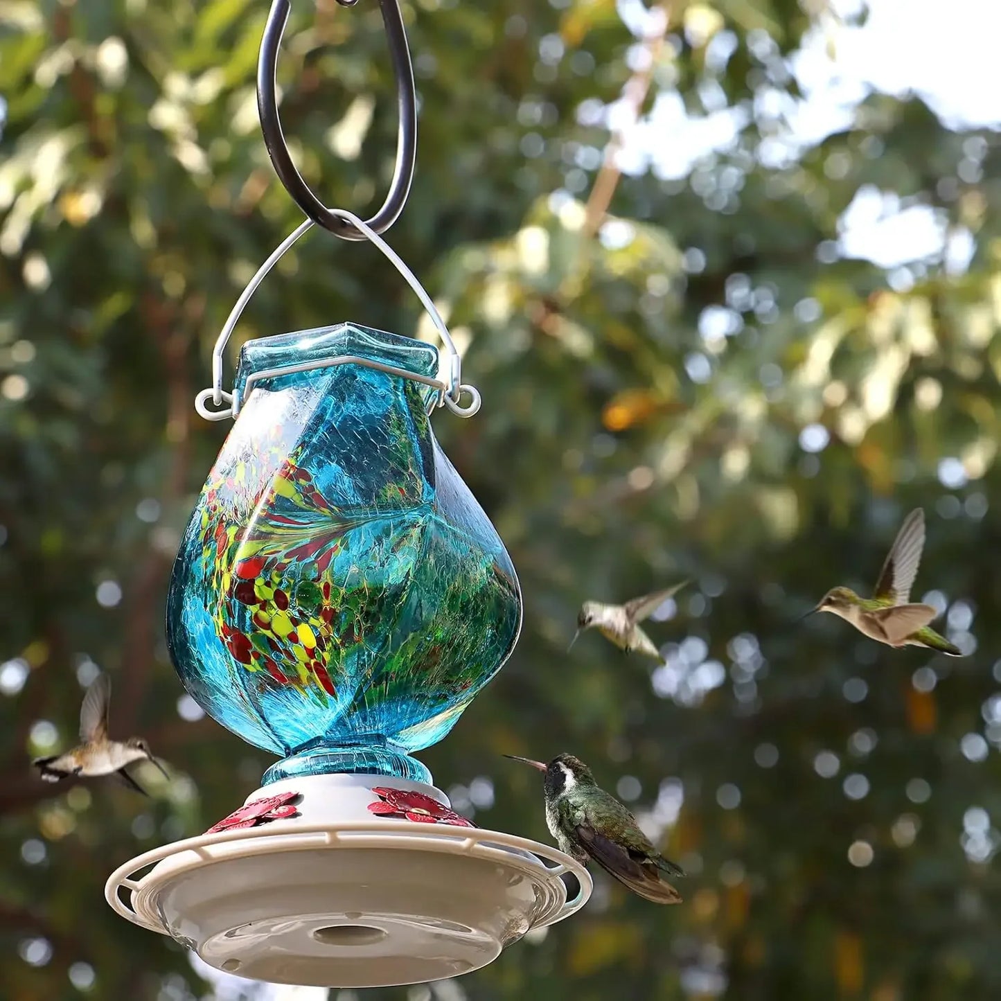 Hummingbird Feeder Hand Blown Glass Outdoor With Ant Moat