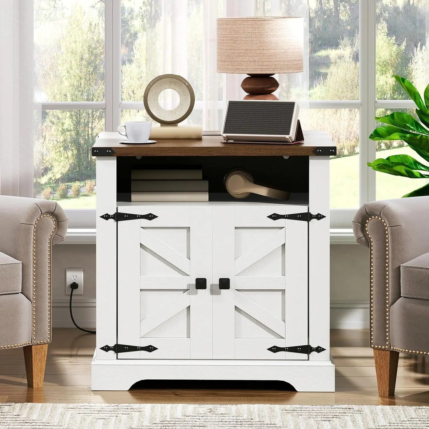 Farmhouse End Table With Charging Station For Living Room