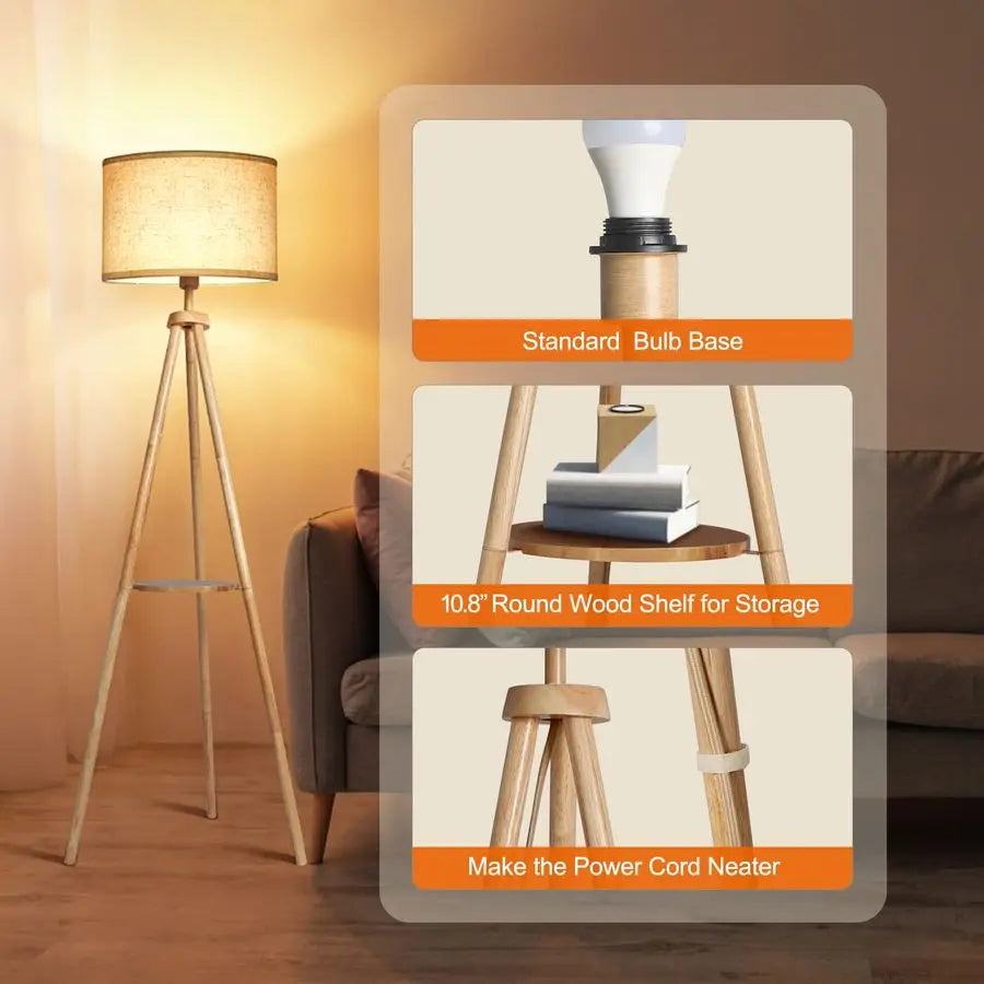 Wood Tripod Floor Lamp With Shelves Remote Control LED