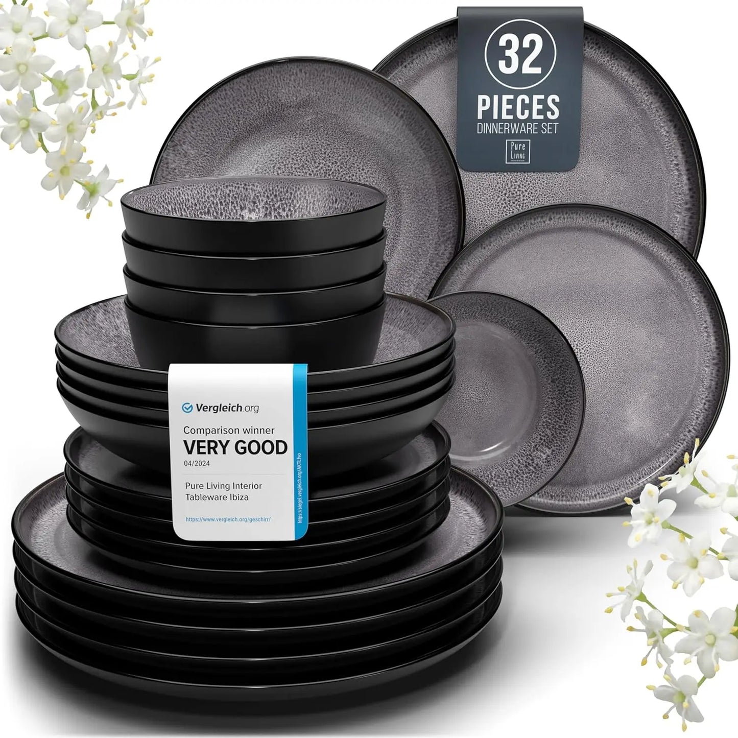 Stoneware Dinnerware Set for Eight, Dishwasher Safe
