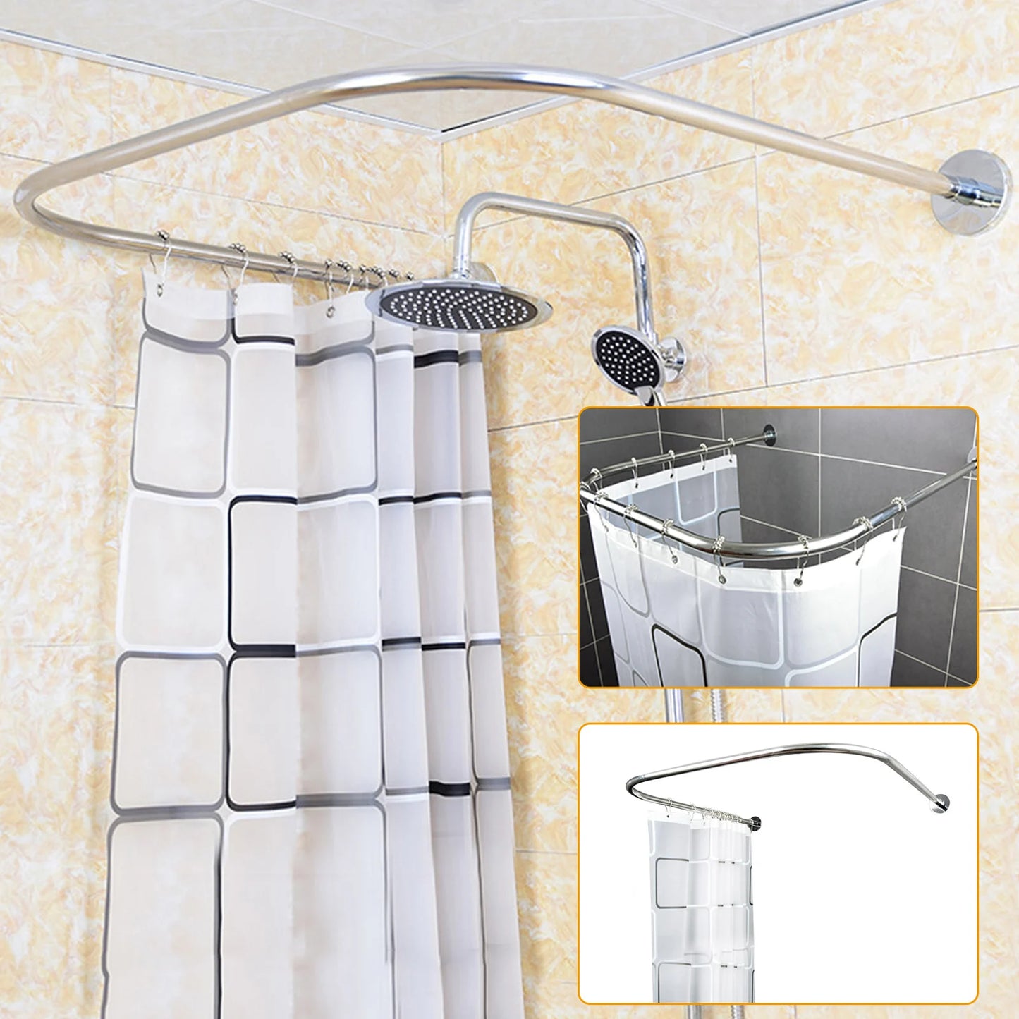Stainless Steel U Shape Shower Curtain Bar Adjustable Curved Bathroom