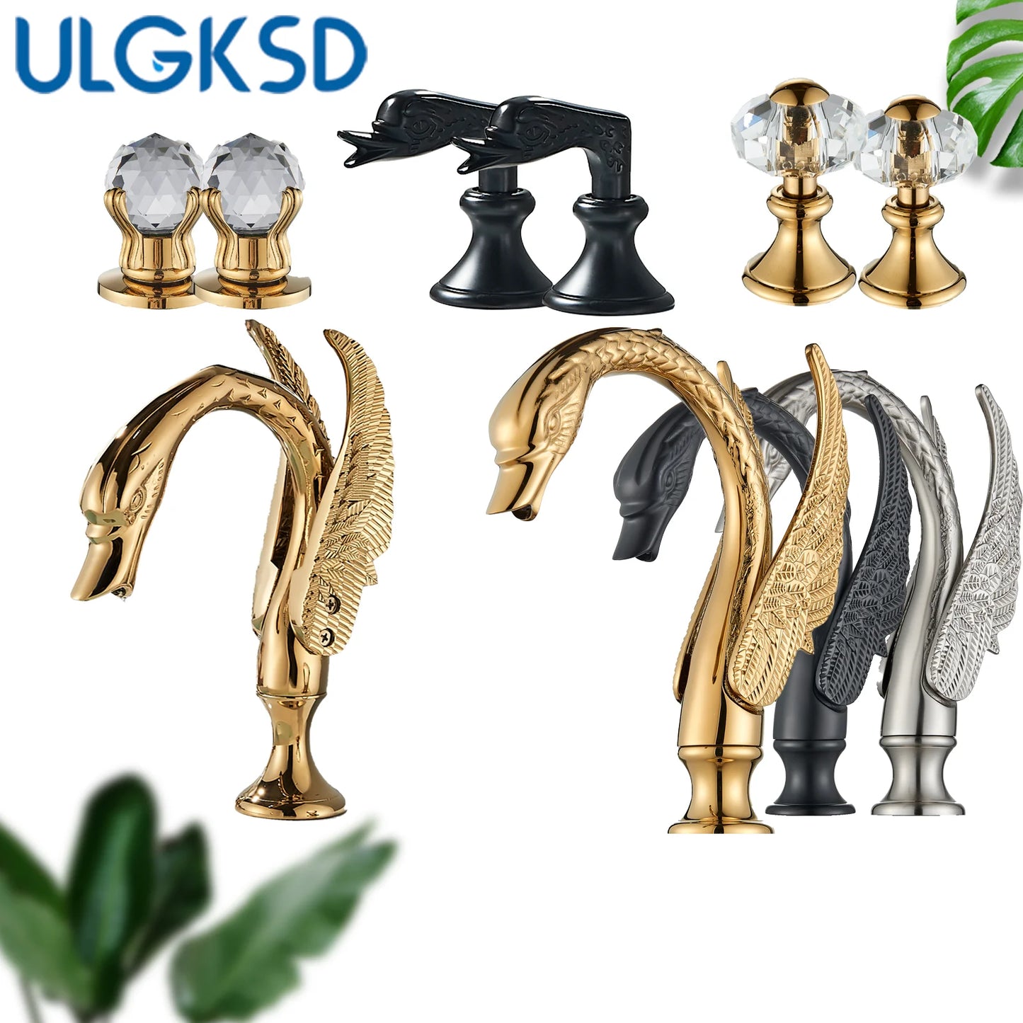 Ulgksd Swan Shape Bathroom Faucet With Crystal Handles Hot Cold
