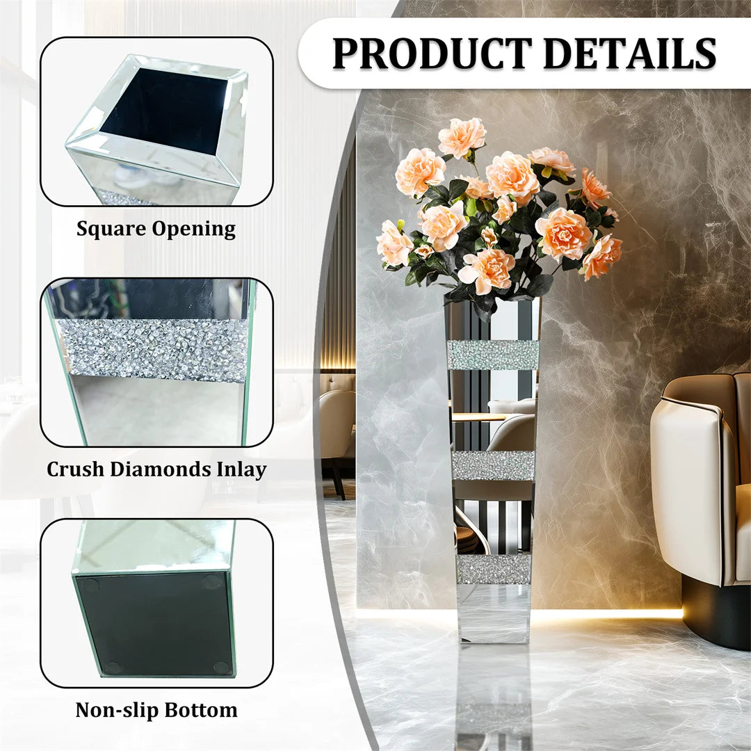 Modern Floor Crystal Glass Mirrored Flower Vase Decorative Standing