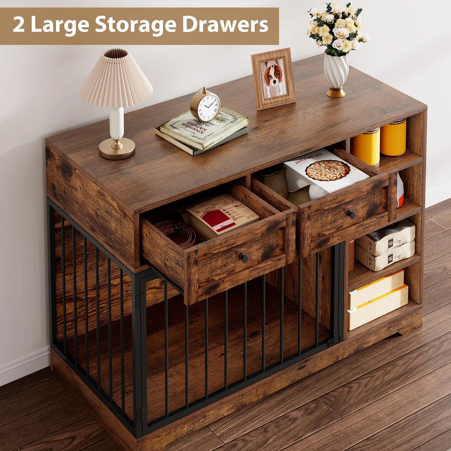 HiMISS Dog Crate Furniture TV Stand With Drawers And Shelves