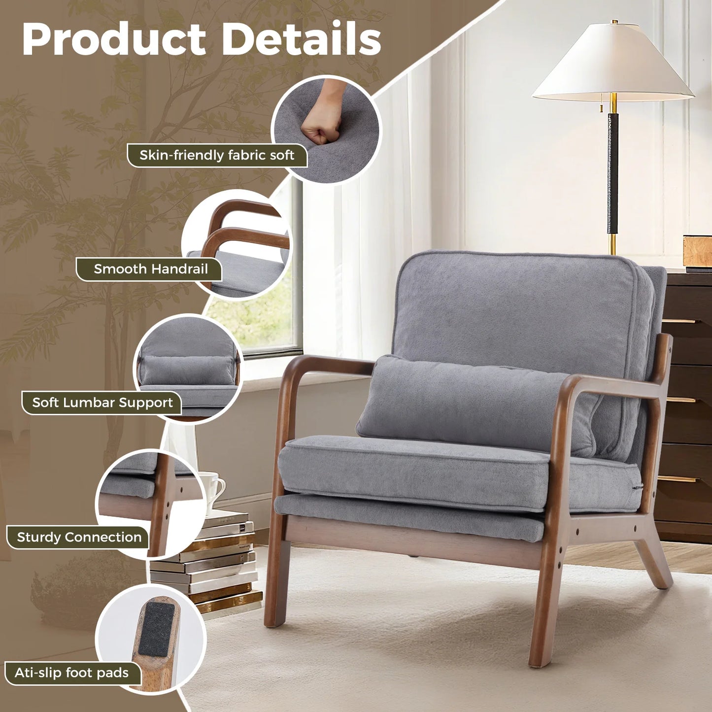 JHK Mid Century Modern Armchair With Wooden Frame