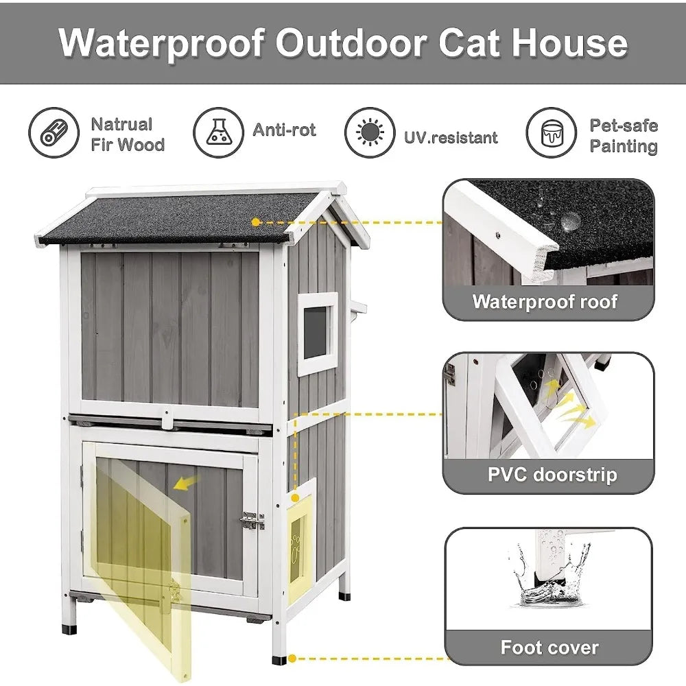 Outdoor Cat Shelter Two-Story Wooden Feral Cat House Openable Roof