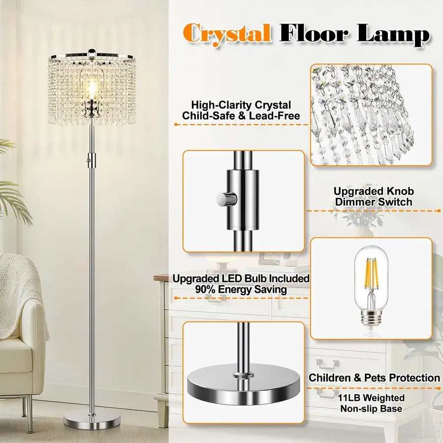 Dimmable Crystal Floor Lamp For Living Room With Knob Switch