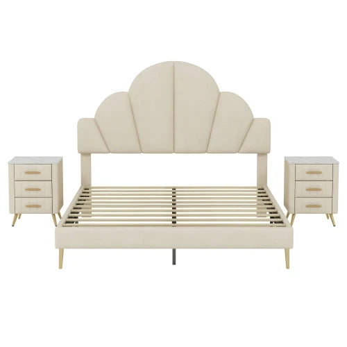 3 Piece Velvet Upholstered Bed Frame With Petal Headboard And Nightstands