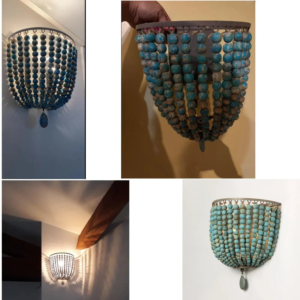 Industrial Retro Wood Beads Wall Light E14 Fixture